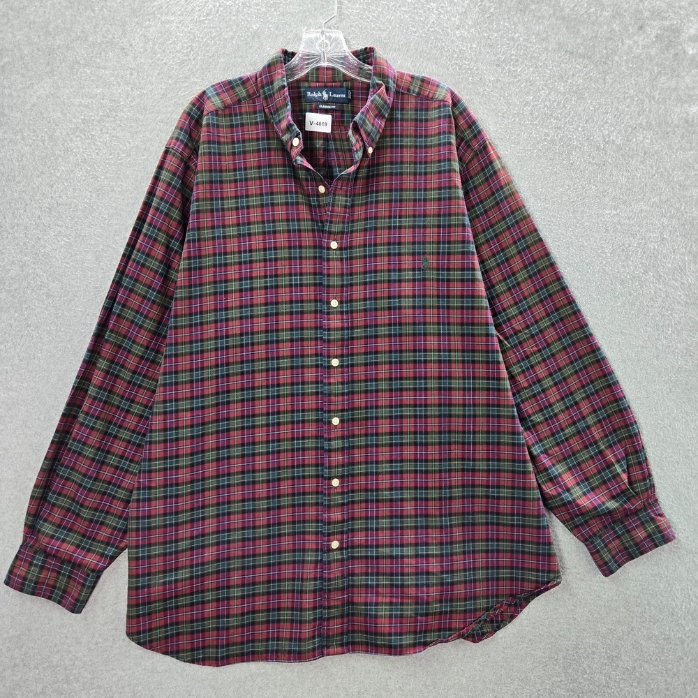 VINTAGE Ralph Lauren Men Button Up Shirt 2XB Red Plaid Classic Fit Long Sleeve - Picture 1 of 8